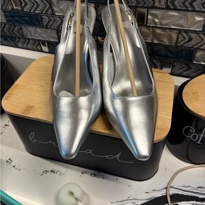 Elegant Silver Pointed Toe Slingback Heels